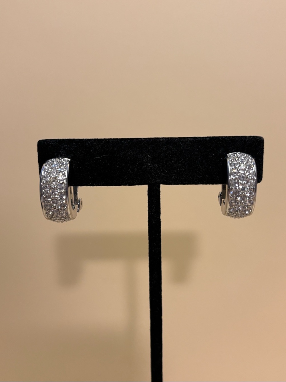 Silver Crystal Pave Huggie Hoop Clip Earrings 3/4”
